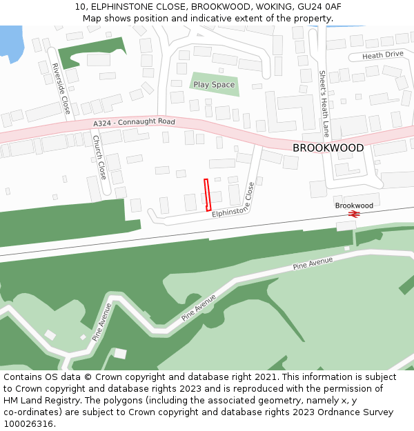 10, ELPHINSTONE CLOSE, BROOKWOOD, WOKING, GU24 0AF: Location map and indicative extent of plot