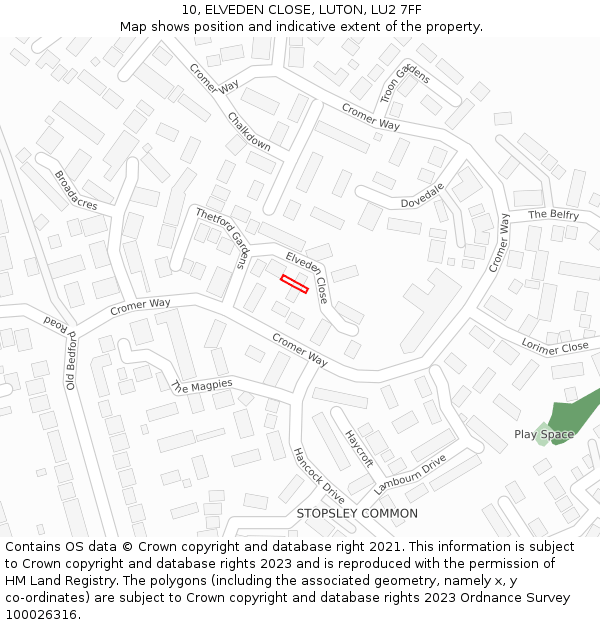 10, ELVEDEN CLOSE, LUTON, LU2 7FF: Location map and indicative extent of plot