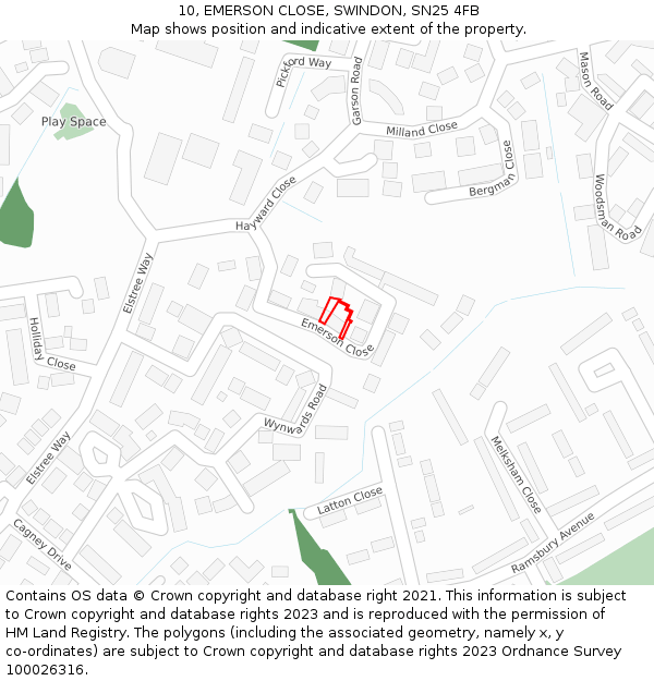 10, EMERSON CLOSE, SWINDON, SN25 4FB: Location map and indicative extent of plot