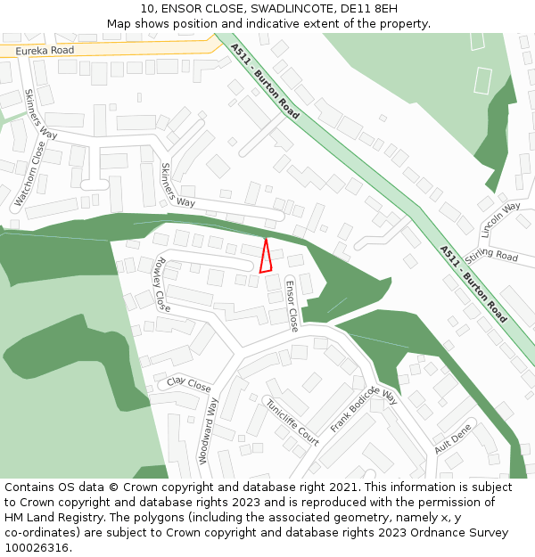 10, ENSOR CLOSE, SWADLINCOTE, DE11 8EH: Location map and indicative extent of plot