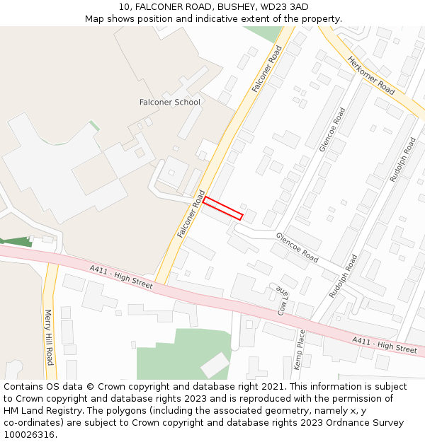 10, FALCONER ROAD, BUSHEY, WD23 3AD: Location map and indicative extent of plot