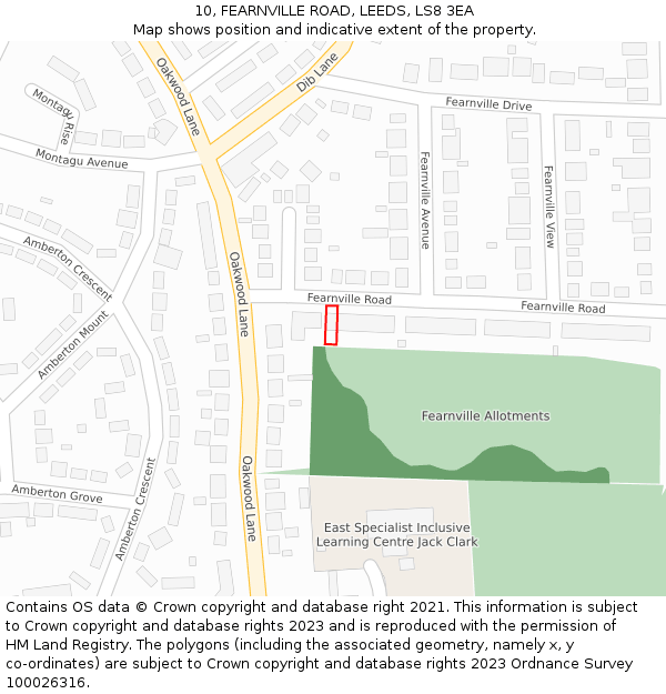 10, FEARNVILLE ROAD, LEEDS, LS8 3EA: Location map and indicative extent of plot