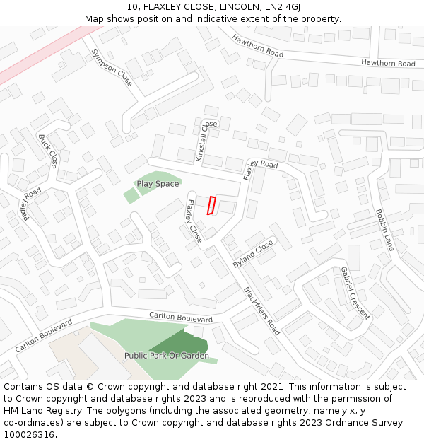 10, FLAXLEY CLOSE, LINCOLN, LN2 4GJ: Location map and indicative extent of plot