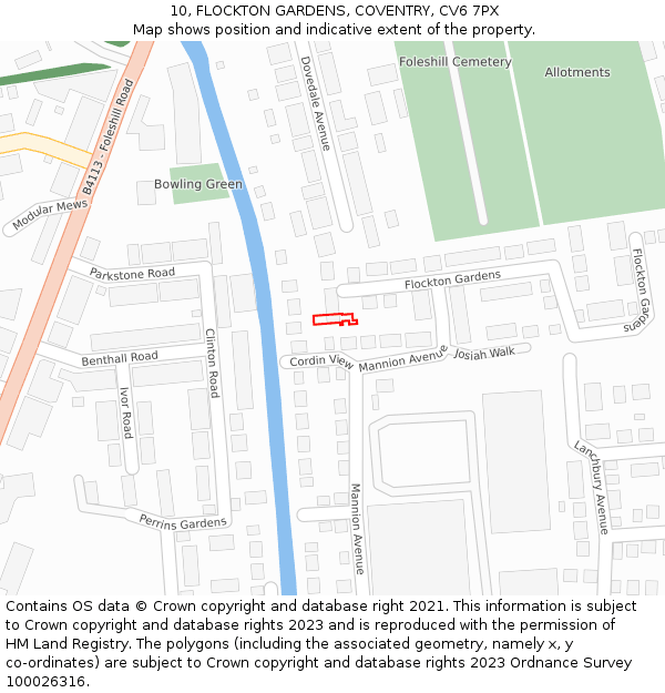 10, FLOCKTON GARDENS, COVENTRY, CV6 7PX: Location map and indicative extent of plot