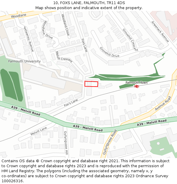 10, FOXS LANE, FALMOUTH, TR11 4DS: Location map and indicative extent of plot