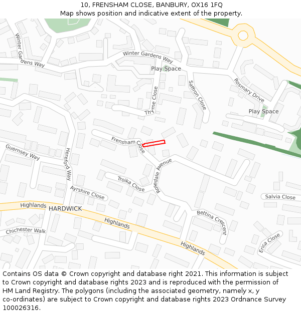 10, FRENSHAM CLOSE, BANBURY, OX16 1FQ: Location map and indicative extent of plot