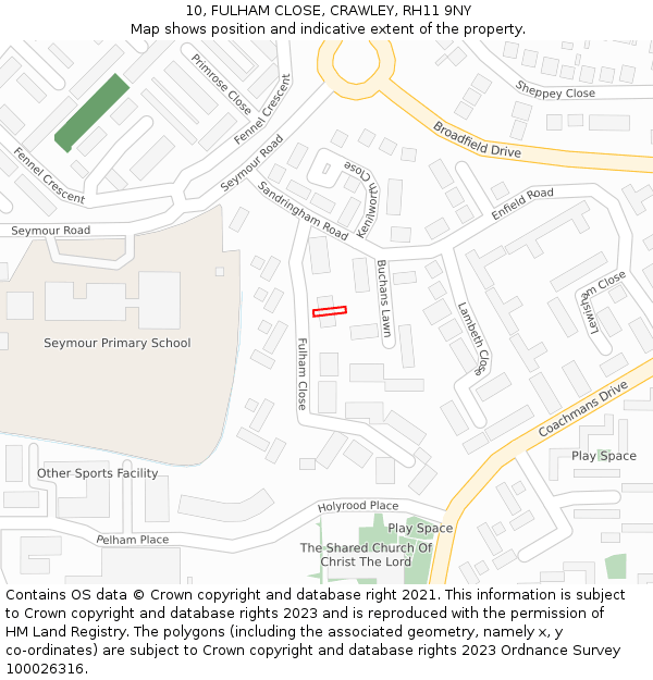 10, FULHAM CLOSE, CRAWLEY, RH11 9NY: Location map and indicative extent of plot