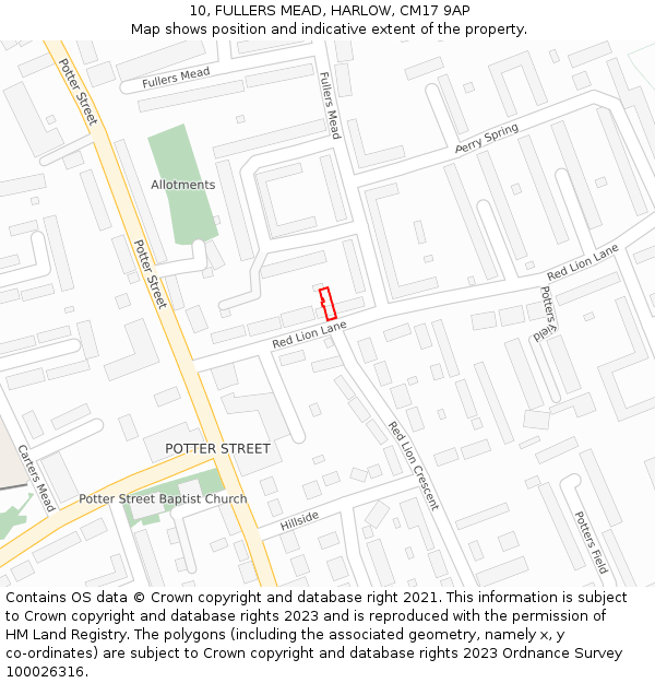 10, FULLERS MEAD, HARLOW, CM17 9AP: Location map and indicative extent of plot