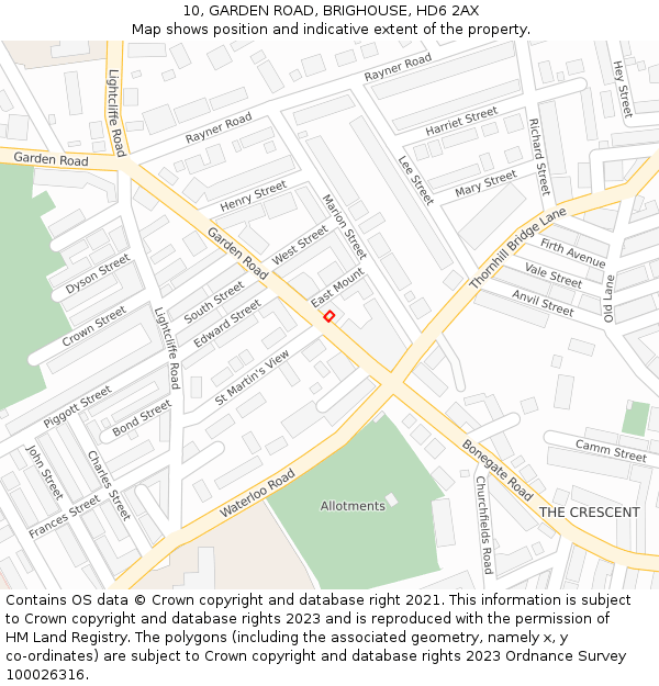 10, GARDEN ROAD, BRIGHOUSE, HD6 2AX: Location map and indicative extent of plot