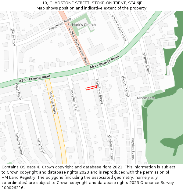 10, GLADSTONE STREET, STOKE-ON-TRENT, ST4 6JF: Location map and indicative extent of plot