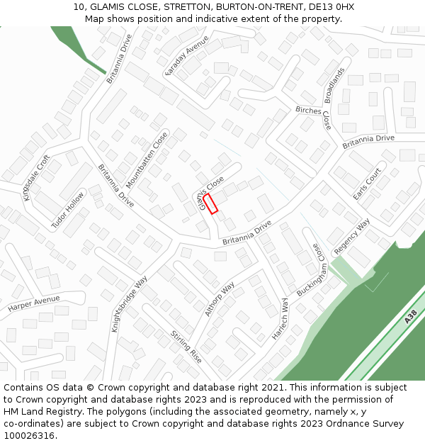10, GLAMIS CLOSE, STRETTON, BURTON-ON-TRENT, DE13 0HX: Location map and indicative extent of plot
