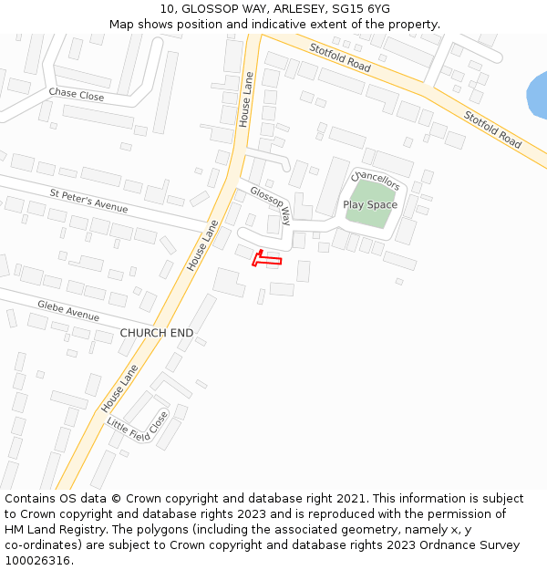 10, GLOSSOP WAY, ARLESEY, SG15 6YG: Location map and indicative extent of plot