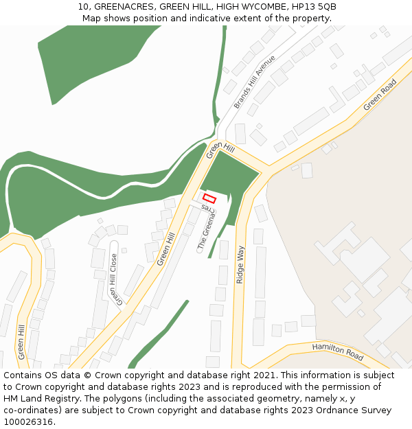10, GREENACRES, GREEN HILL, HIGH WYCOMBE, HP13 5QB: Location map and indicative extent of plot