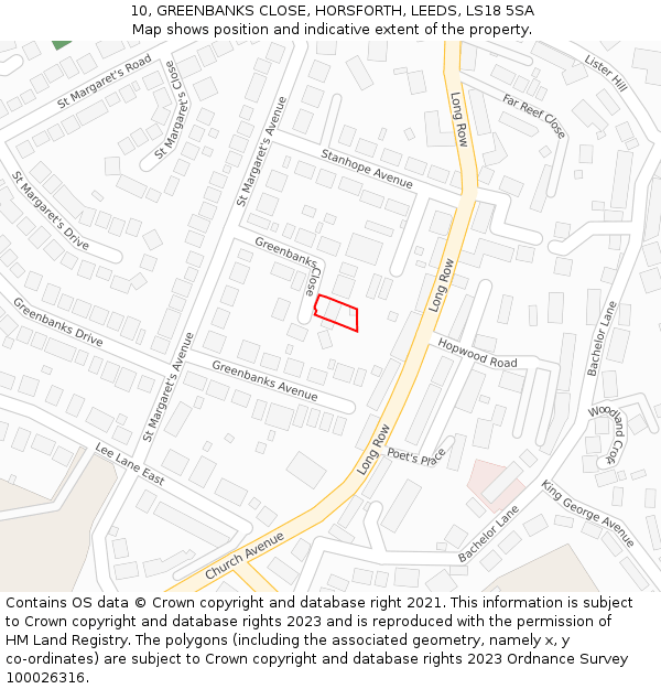 10, GREENBANKS CLOSE, HORSFORTH, LEEDS, LS18 5SA: Location map and indicative extent of plot