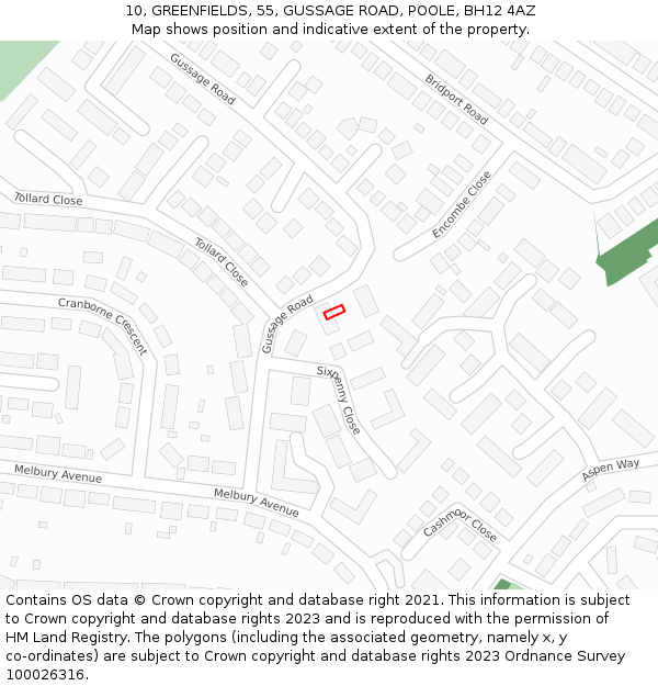 10, GREENFIELDS, 55, GUSSAGE ROAD, POOLE, BH12 4AZ: Location map and indicative extent of plot
