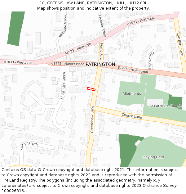 10, GREENSHAW LANE, PATRINGTON, HULL, HU12 0RL: Location map and indicative extent of plot