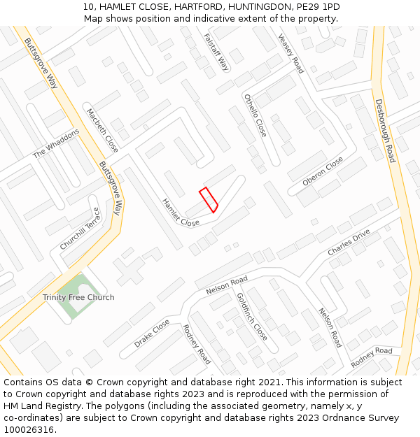 10, HAMLET CLOSE, HARTFORD, HUNTINGDON, PE29 1PD: Location map and indicative extent of plot
