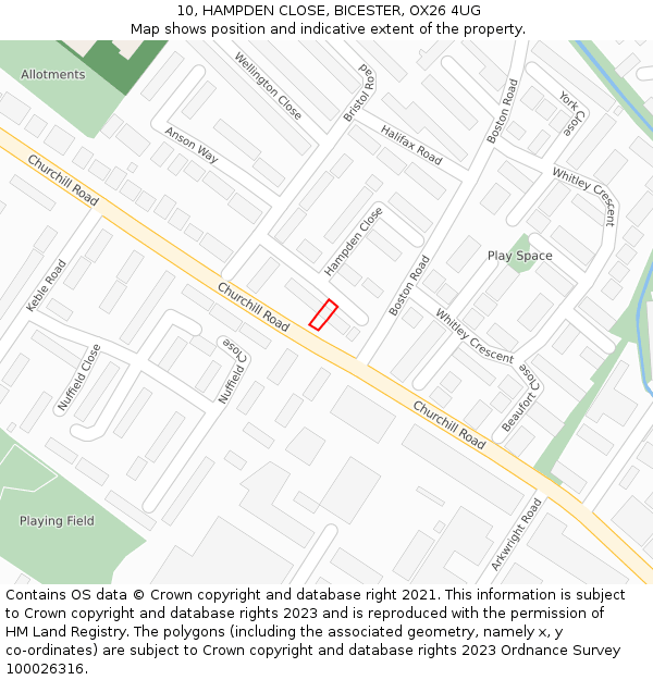10, HAMPDEN CLOSE, BICESTER, OX26 4UG: Location map and indicative extent of plot