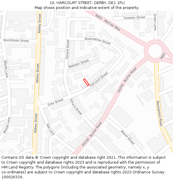 10, HARCOURT STREET, DERBY, DE1 1PU: Location map and indicative extent of plot