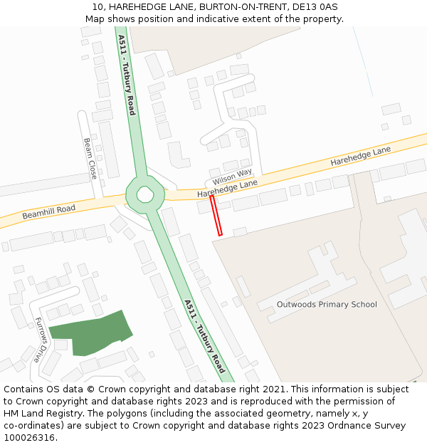 10, HAREHEDGE LANE, BURTON-ON-TRENT, DE13 0AS: Location map and indicative extent of plot