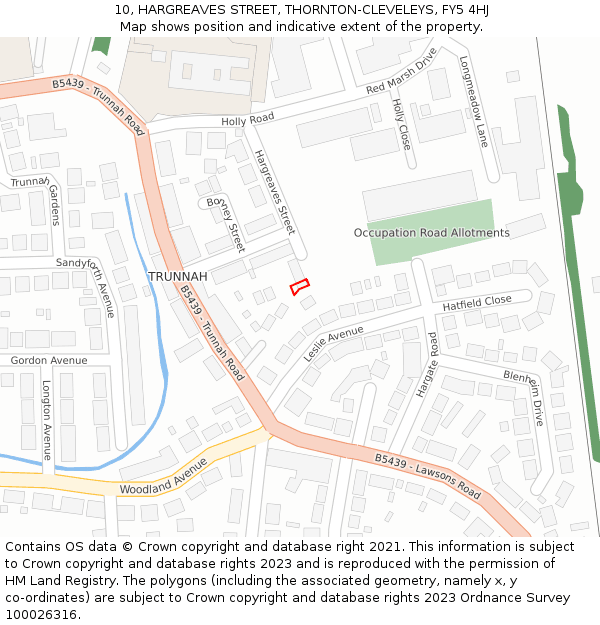 10, HARGREAVES STREET, THORNTON-CLEVELEYS, FY5 4HJ: Location map and indicative extent of plot