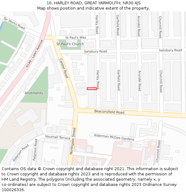 10, HARLEY ROAD, GREAT YARMOUTH, NR30 4JS: Location map and indicative extent of plot