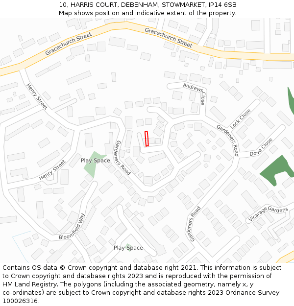 10, HARRIS COURT, DEBENHAM, STOWMARKET, IP14 6SB: Location map and indicative extent of plot