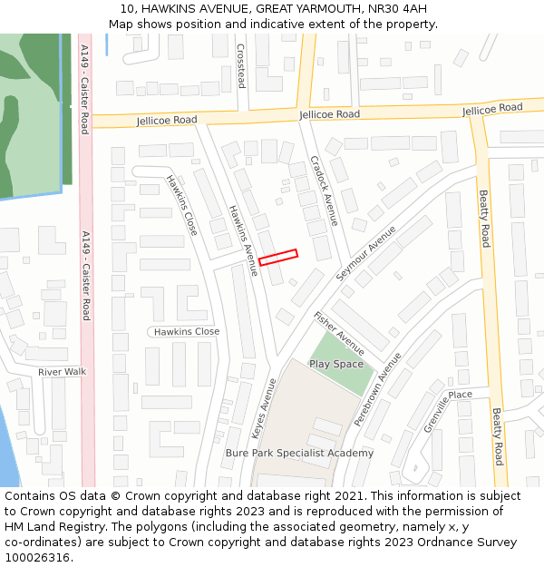 10, HAWKINS AVENUE, GREAT YARMOUTH, NR30 4AH: Location map and indicative extent of plot