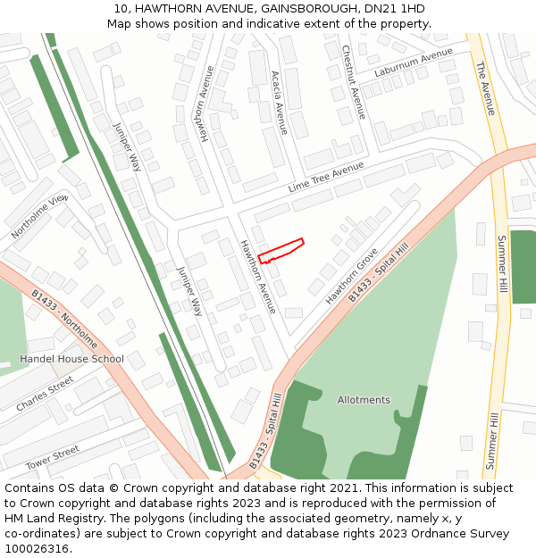 10, HAWTHORN AVENUE, GAINSBOROUGH, DN21 1HD: Location map and indicative extent of plot
