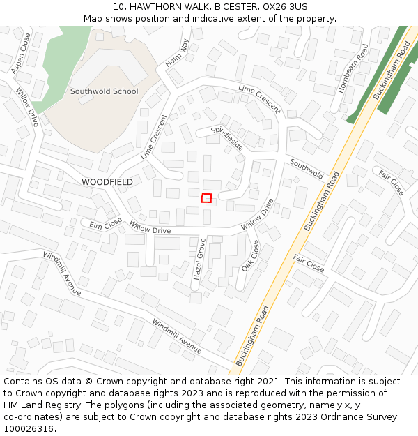 10, HAWTHORN WALK, BICESTER, OX26 3US: Location map and indicative extent of plot