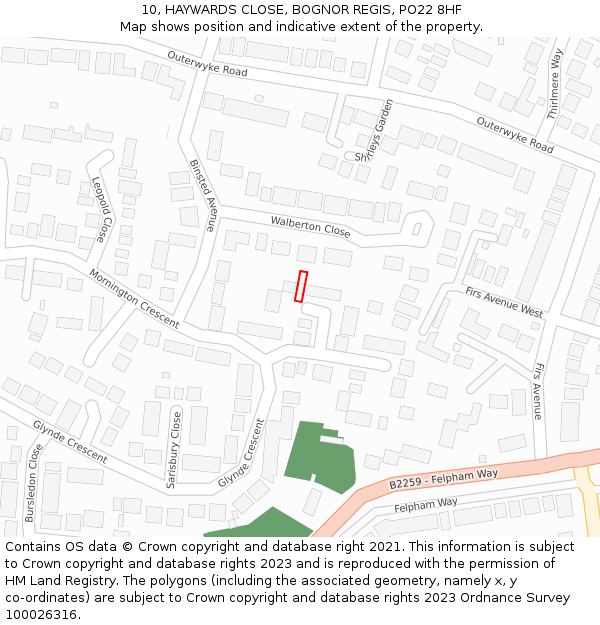 10, HAYWARDS CLOSE, BOGNOR REGIS, PO22 8HF: Location map and indicative extent of plot