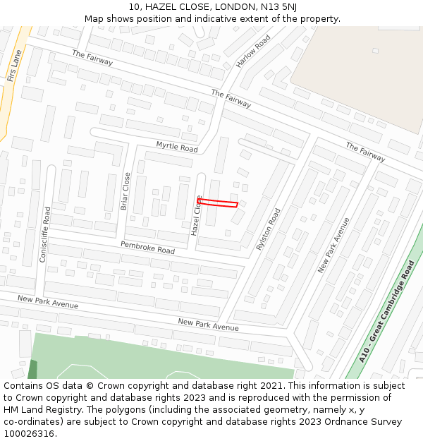 10, HAZEL CLOSE, LONDON, N13 5NJ: Location map and indicative extent of plot