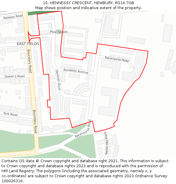 10, HENNESSY CRESCENT, NEWBURY, RG14 7GB: Location map and indicative extent of plot