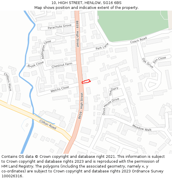 10, HIGH STREET, HENLOW, SG16 6BS: Location map and indicative extent of plot
