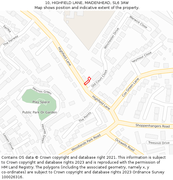 10, HIGHFIELD LANE, MAIDENHEAD, SL6 3AW: Location map and indicative extent of plot