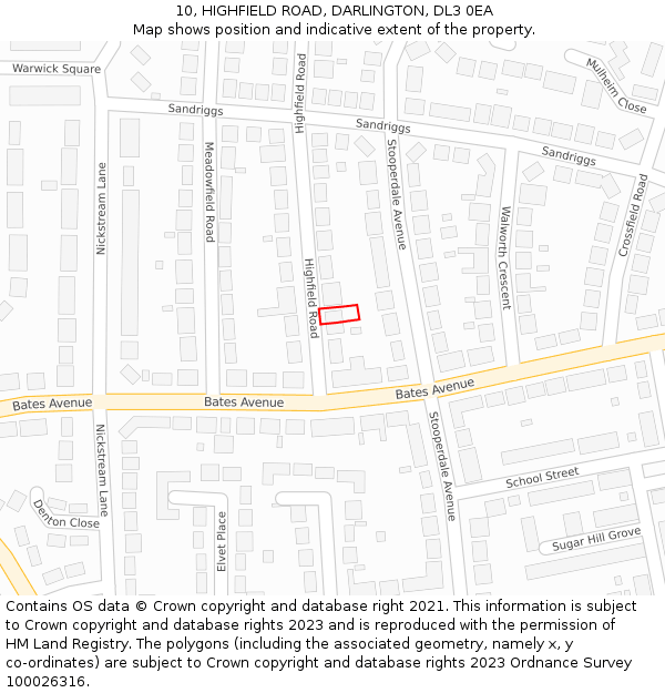 10, HIGHFIELD ROAD, DARLINGTON, DL3 0EA: Location map and indicative extent of plot