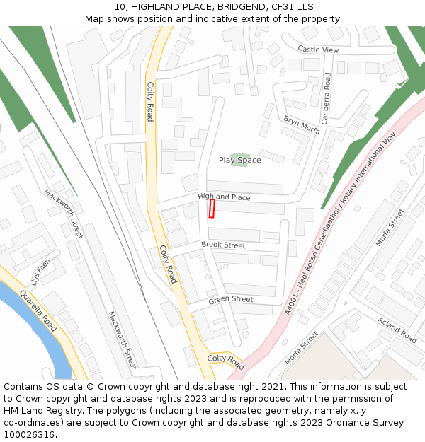 10, HIGHLAND PLACE, BRIDGEND, CF31 1LS: Location map and indicative extent of plot
