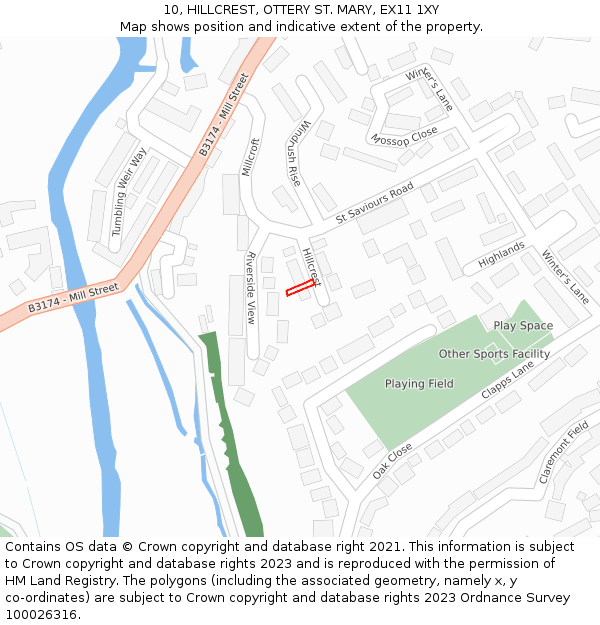 10, HILLCREST, OTTERY ST. MARY, EX11 1XY: Location map and indicative extent of plot