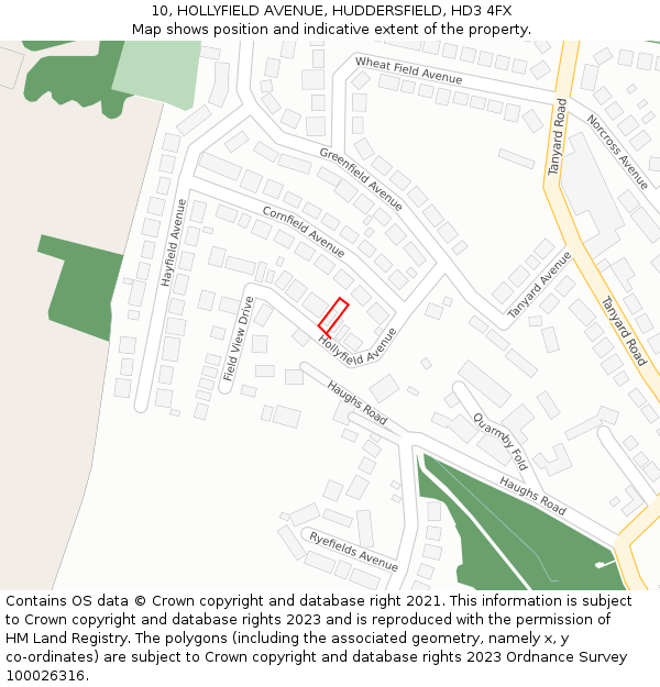 10, HOLLYFIELD AVENUE, HUDDERSFIELD, HD3 4FX: Location map and indicative extent of plot