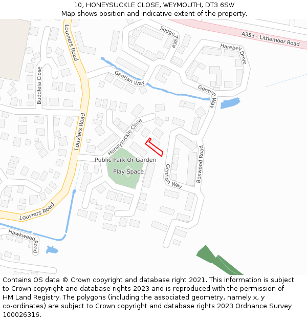 10, HONEYSUCKLE CLOSE, WEYMOUTH, DT3 6SW: Location map and indicative extent of plot