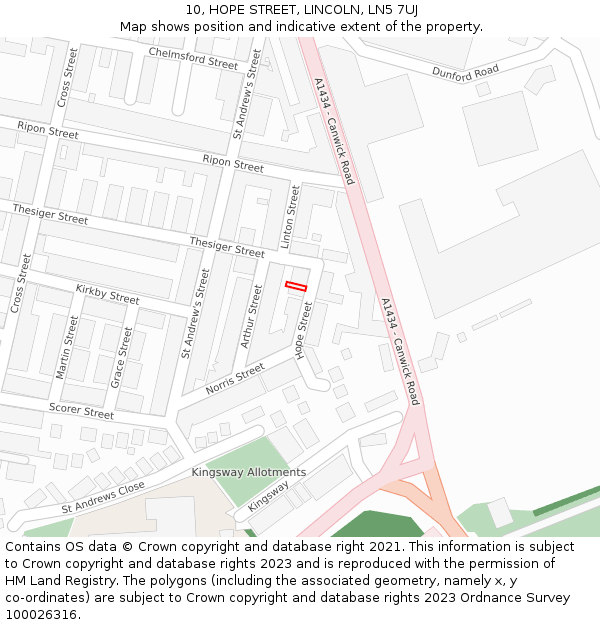 10, HOPE STREET, LINCOLN, LN5 7UJ: Location map and indicative extent of plot