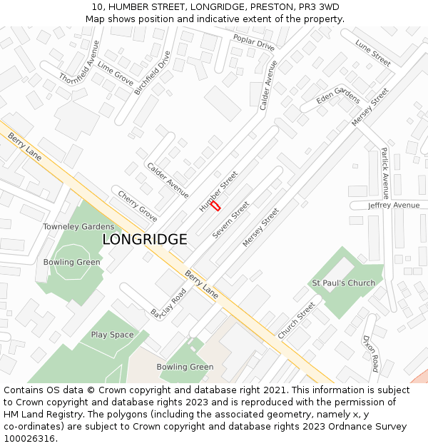 10, HUMBER STREET, LONGRIDGE, PRESTON, PR3 3WD: Location map and indicative extent of plot