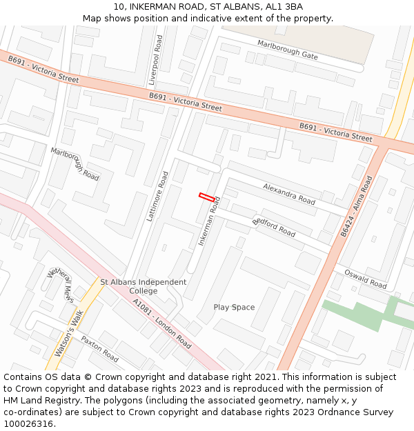 10, INKERMAN ROAD, ST ALBANS, AL1 3BA: Location map and indicative extent of plot