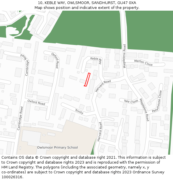10, KEBLE WAY, OWLSMOOR, SANDHURST, GU47 0XA: Location map and indicative extent of plot