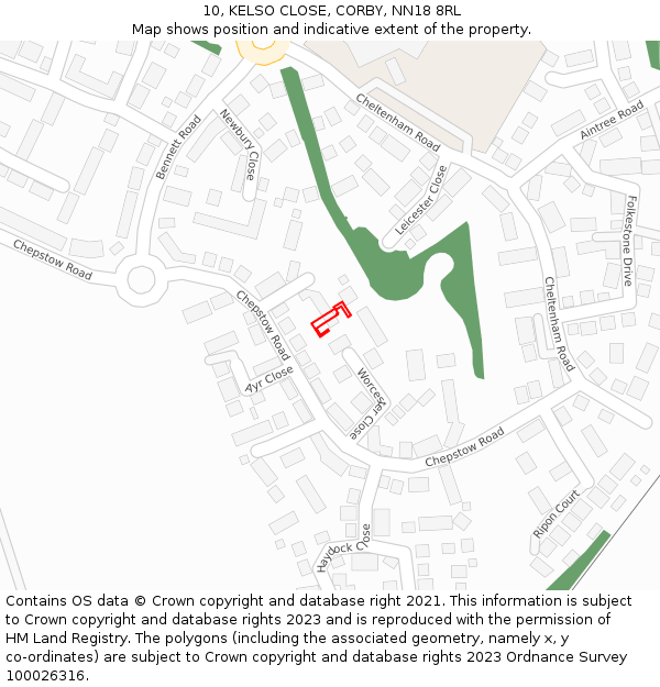 10, KELSO CLOSE, CORBY, NN18 8RL: Location map and indicative extent of plot