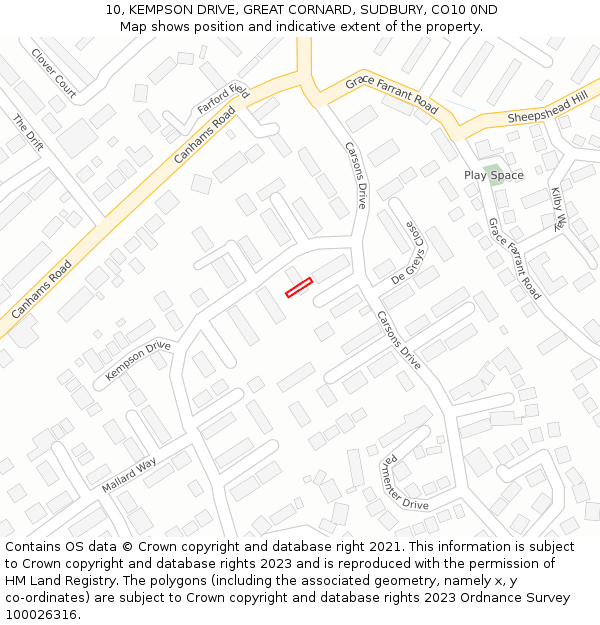 10, KEMPSON DRIVE, GREAT CORNARD, SUDBURY, CO10 0ND: Location map and indicative extent of plot