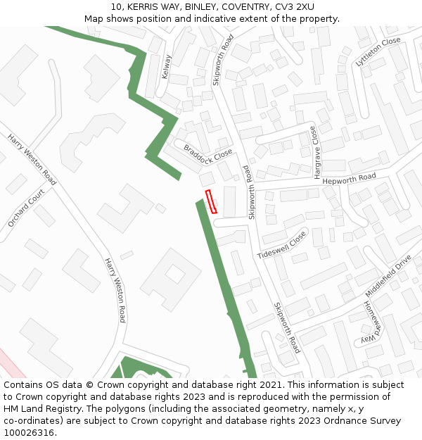 10, KERRIS WAY, BINLEY, COVENTRY, CV3 2XU: Location map and indicative extent of plot