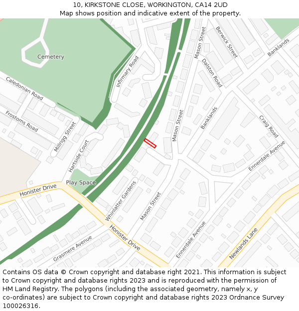 10, KIRKSTONE CLOSE, WORKINGTON, CA14 2UD: Location map and indicative extent of plot