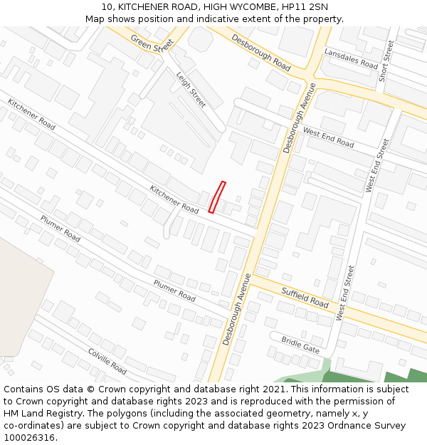 10, KITCHENER ROAD, HIGH WYCOMBE, HP11 2SN: Location map and indicative extent of plot