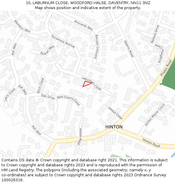 10, LABURNUM CLOSE, WOODFORD HALSE, DAVENTRY, NN11 3NZ: Location map and indicative extent of plot